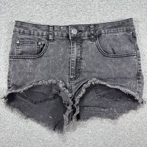 Harlow Shorts Womens 27 Black Denim Mid Rise Raw Hem Paint Specks Distressed